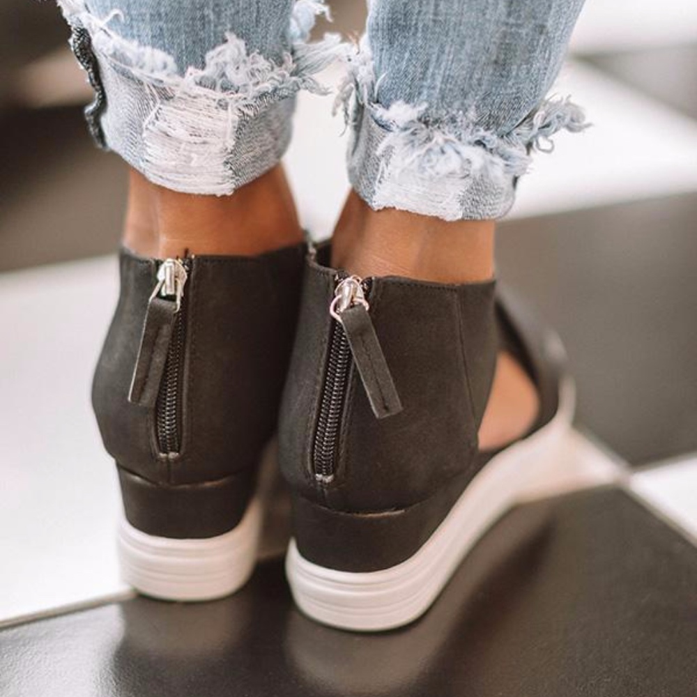 Black Vegan Leather Hidden Heel Zipper Back Sneakers - Picture 5 of 7